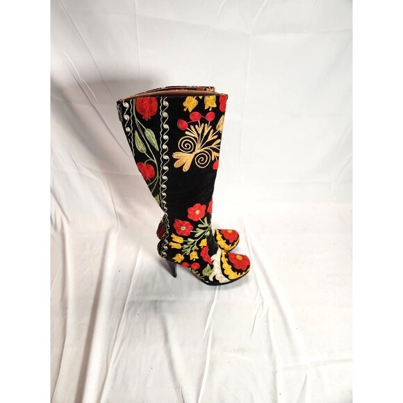 Vintage Bohemian High Heel Knee Boots W Colorful Floral Embroidery Eu/39 US W/8 - Picture 9 of 10